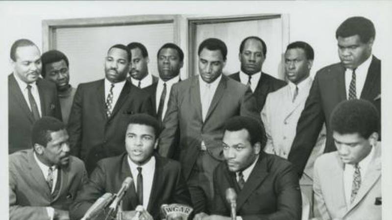 The press meeting, now called the Ali Summit. In attendance were Muhammad Ali, Jim Brown, John...