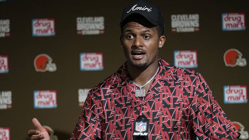 Cleveland Browns quarterback Deshaun Watson answers a question during a news conference...