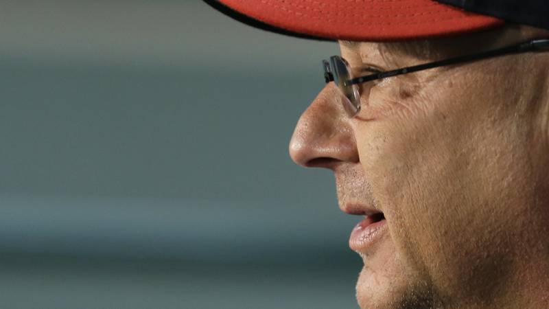 Cleveland Indians manager Terry Francona answers questions during a team workout, Wednesday,...