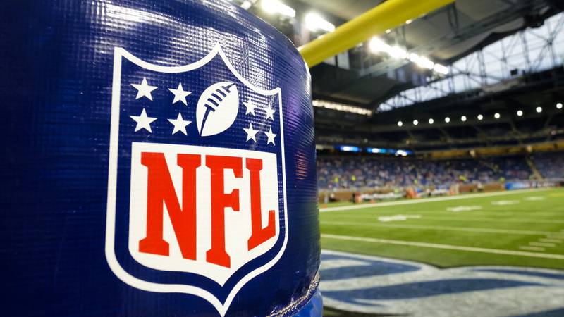 In this Thursday, Aug. 13, 2015 file photo, NFL Logo is seen on the goal post padding before an...