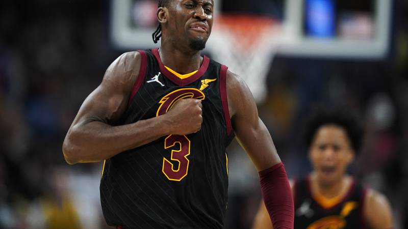 Cleveland Cavaliers' Caris LeVert reacts during the second half of the team's NBA basketball...